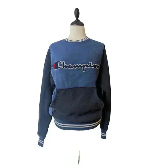Vintage Champion Logo 2 Tone Blue Crew Neck Sweatshirt Front Pocket Small - Picture 1 of 9